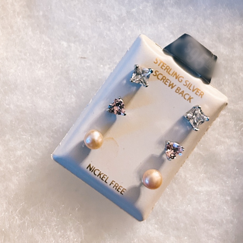 Set of 3 sterling silver earrings (white, pink, and pearl)